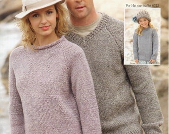 womens mens chunky sweater knitting pattern pdf childs roll round or v neck jumper 24-46 inch Chunky Bulky 12ply PDF instant download