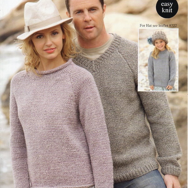 womens mens chunky sweater knitting pattern pdf childs roll round or v neck jumper 24-46 inch Chunky Bulky 12ply PDF instant download