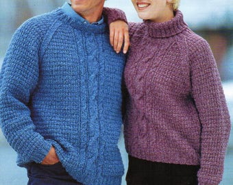 womens mens aran sweaters knitting pattern pdf ladies cropped cable jumper 32-42" aran worsted 10ply pdf instant download