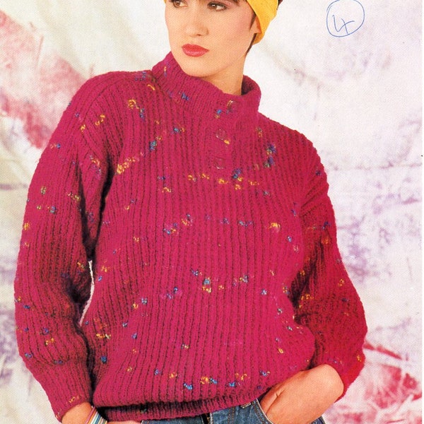 womens rib sweater knitting pattern pdf ladies button neck saddle shoulder jumper 30-40inch DK  Light Worsted 8ply yarn pdf instant download