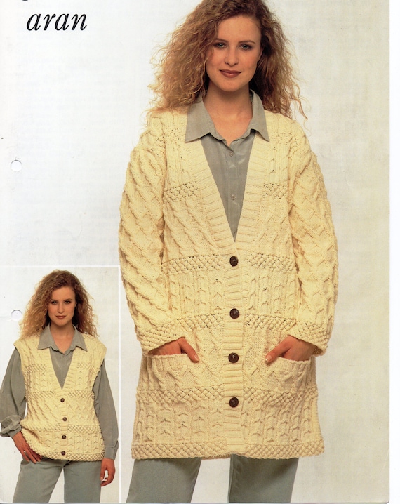 Womens Aran Coat Waistcoat Knitting Pattern Pdf Ladies Cable Jacket Vest 34 40 Aran Worsted 10ply Pdf Instant Download Etsy Ireland