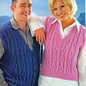 womens mens aran waistcoat slipover knitting pattern pdf ladies cable vest pullover 30-44&quot; aran worsted 10ply pdf instant download