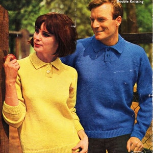 vintage womens mens polo hirt sweater knitting pattern pdf ladies jumper with collar 34-42&quot; DK light worsted 8ply pdf instant download