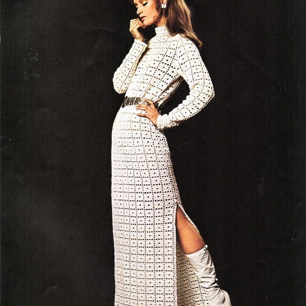 vintage womens crochet dress crochet pattern pdf ladies granny squares motif long dress 86-91cm chest 4ply fingering pdf instant download