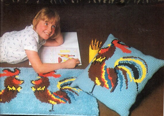 vintage knotted rug and cross stitch cushion pattern pdf cockerel rooster rug 46x86cm cushion 46cm chart instructions instant download