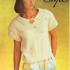 womens short sleeve cotton sweater knitting pattern pdf ladies cotton top with collar 32-42&quot; 10ply thick thin yarn Instant download