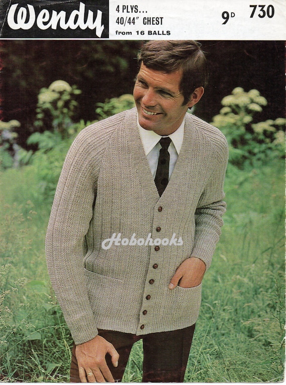 Vintage mens cardigan knitting pattern pdf mens v neck ribbed Etsy