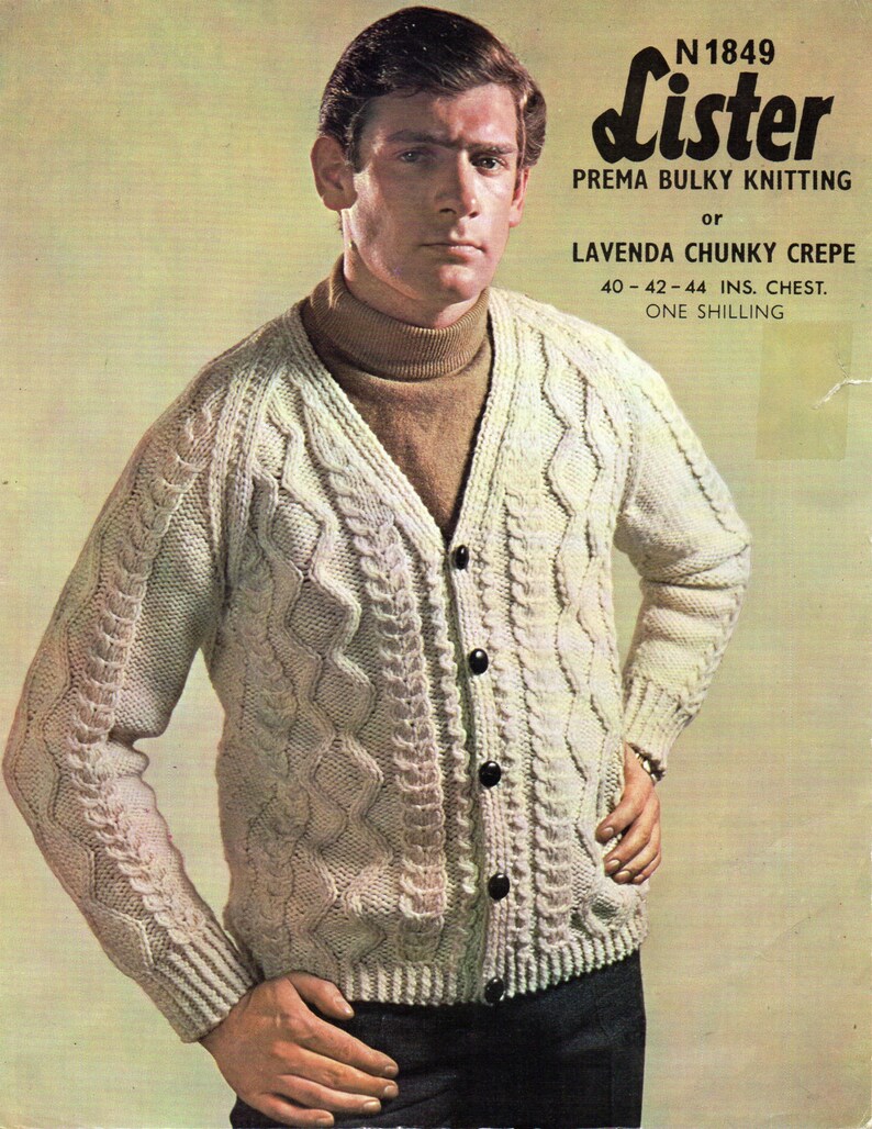 Vintage mens aran cardigan knitting pattern pdf chunky cable Etsy