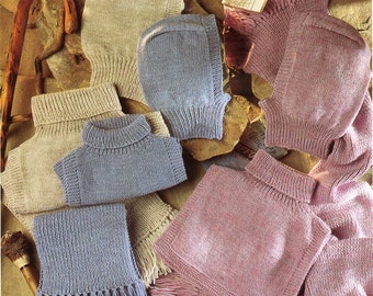 May include: A collection of knitted items in various colors, including a beige hat, a light blue hat, a beige cowl neck, a light blue cowl neck, a pink cowl neck, a light blue scarf with fringe, and a pink scarf with fringe.