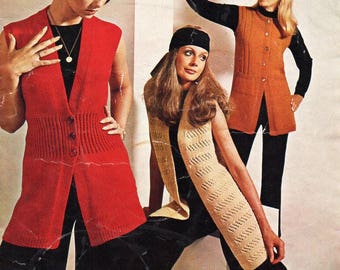 vintage womens long waistcoat knitting pattern pdf ladies sleeveless jackets 1970s 32-40" DK light worsted 8ply Instant Download