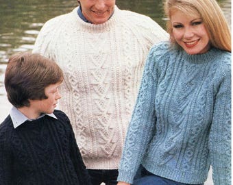 vintage womens mens childrens aran sweater knitting pattern pdf ladies cable jumper 26-42" aran worsted 10ply pdf instant download