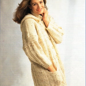 womens KNITTING PATTERN pdf womens hooded coat ladies jacket with hood long cardigan 30-40&quot; aran worsted 10ply pdf instant download
