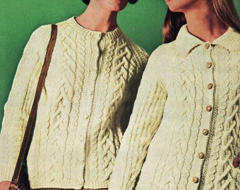 vintage womens aran cardigan knitting pattern pdf ladies cable jacket with collar 34-40" aran worsted 10ply pdf instant download