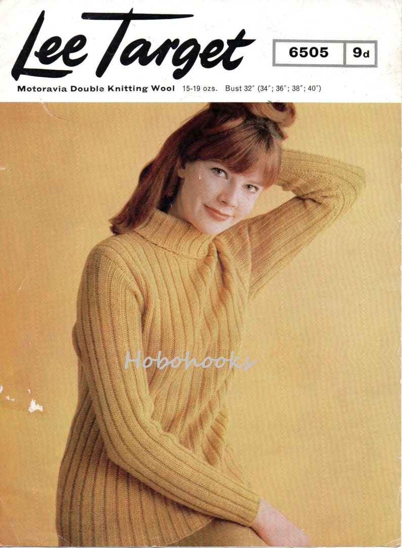 vintage womens polo neck sweater knitting pattern pdf ladies ribbed long jumper roll neck 32-40 DK 8ply light worsted PDF instant download