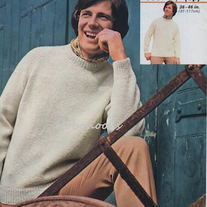 mens sweater knitting pattern pdf mens raglan crew neck polo neck jumper 36-46&quot; aran worsted 10ply PDF instant download