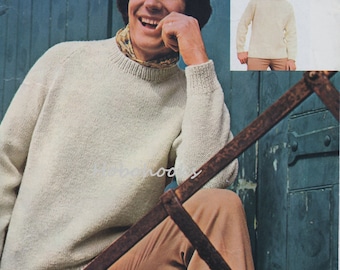 mens sweater knitting pattern pdf mens raglan crew neck polo neck jumper 36-46" aran worsted 10ply PDF instant download