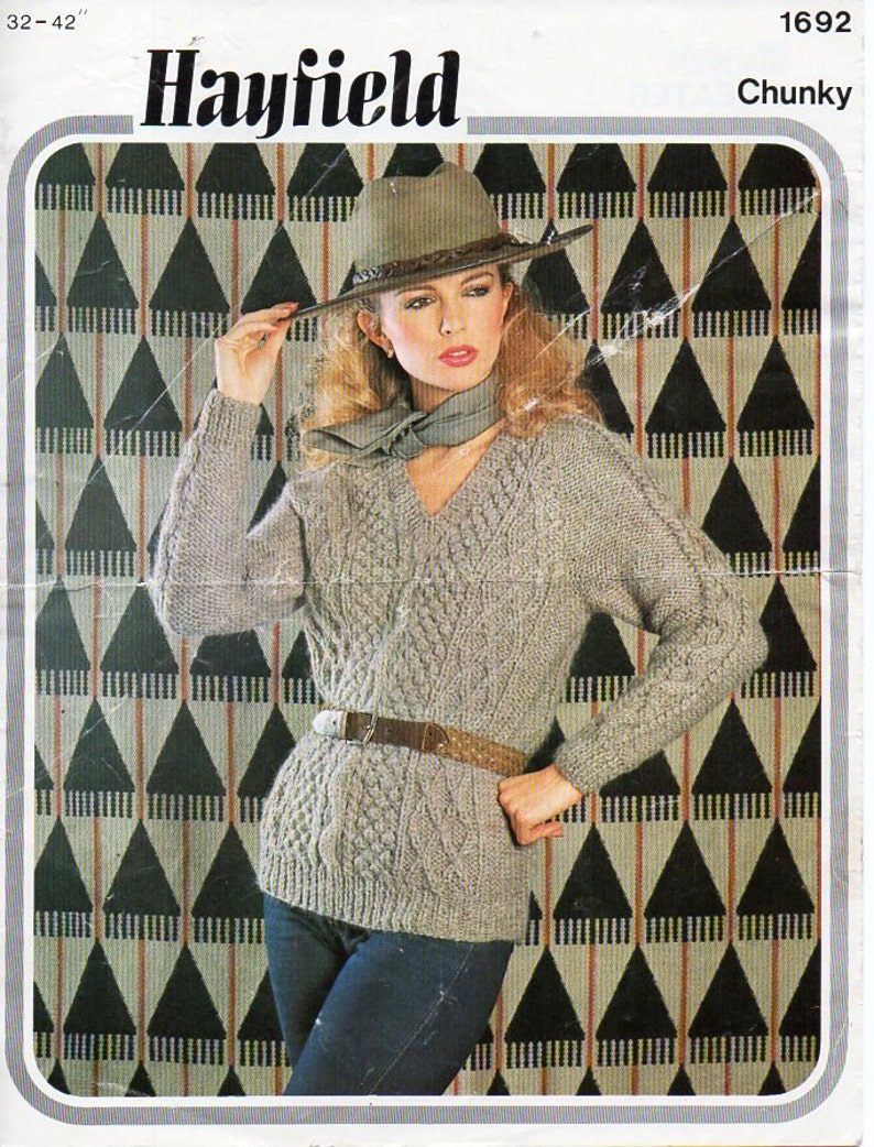 womens aran sweater knitting pattern pdf ladies cable jumper v neck 32-42 Chunky Bulky 12ply pdf instant download image 1