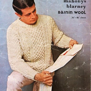 vintage mens aran sweater knitting pattern pdf mens cable crew neck jumper 36-46&quot; aran worsted 10ply pdf instant download