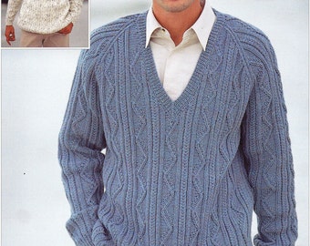 mens cable sweater knitting pattern pdf mens jumper crew neck v neck 38-48 inch DK light worsted 8ply PDF Instant Download