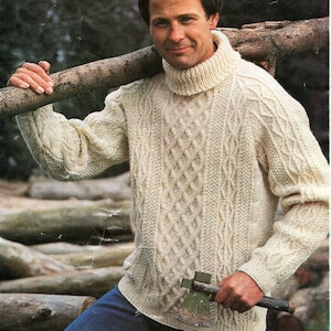 vintage mens aran sweater knitting pattern pdf mens cable polo neck jumper 36-46" aran worsted 10ply pdf instant download