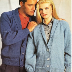 vintage womens mens shawl collar cardigan knitting pattern pdf ladies shawl collar jacket 32-44&quot; DK light worsted 8ply pdf instant download