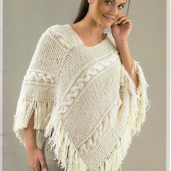 Aran Fringed Poncho Knitting Pattern, 10 Ply Cotton (PDF Download)