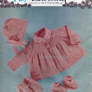 vintage baby matinee jacket knitting pattern pdf matinee coat with collar bonnet mitts bootees 18-20&quot; 4ply fingering pdf instant download