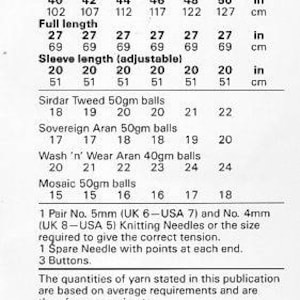 May include: A black and white printed knitting pattern for a sweater. The pattern includes sizing information in inches and centimeters, yarn requirements, and needle sizes. The text also includes instructions for checking tension.