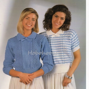 May include: A knitting pattern booklet featuring two women wearing blue and white striped sweaters. The pattern is for a "Big Value Double Knitting" project and includes instructions for short and long-sleeved sweaters. The booklet is from King Cole LTD, Merrie Mills, Old Souls Way, Bingley BD16 2AX. Sizes range from 81 to 107 cm (32 to 42 inches).