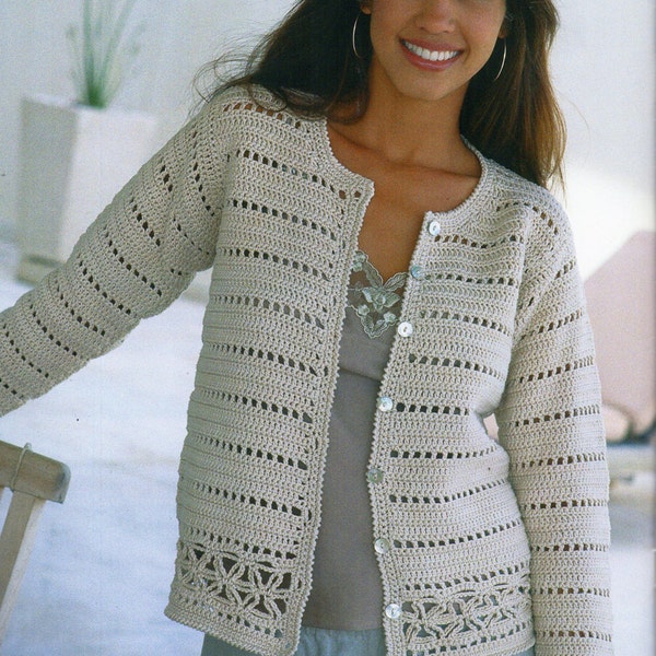 womens crochet cardigan crochet pattern lacy crochet jacket v or round neck 26-38inch cotton DK womens crochet patterns pdf instant download