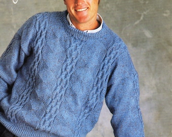 vintage mens cable sweater knitting pattern pdf mans cable jumper round neck 36-44" DK light worsted 8ply pdf instant download