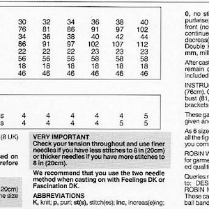 May include: A knitting pattern for a sweater with instructions for sizes 30 to 40 inches (76 to 102 cm) bust. The pattern includes materials required, tension, and abbreviations. The pattern is for Feelings DK or Fascination DK yarn.