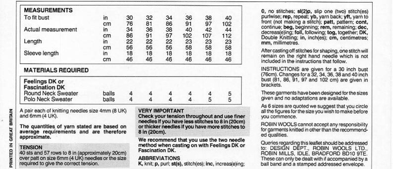 May include: A knitting pattern for a sweater with instructions for sizes 30 to 40 inches (76 to 102 cm) bust. The pattern includes materials required, tension, and abbreviations. The pattern is for Feelings DK or Fascination DK yarn.