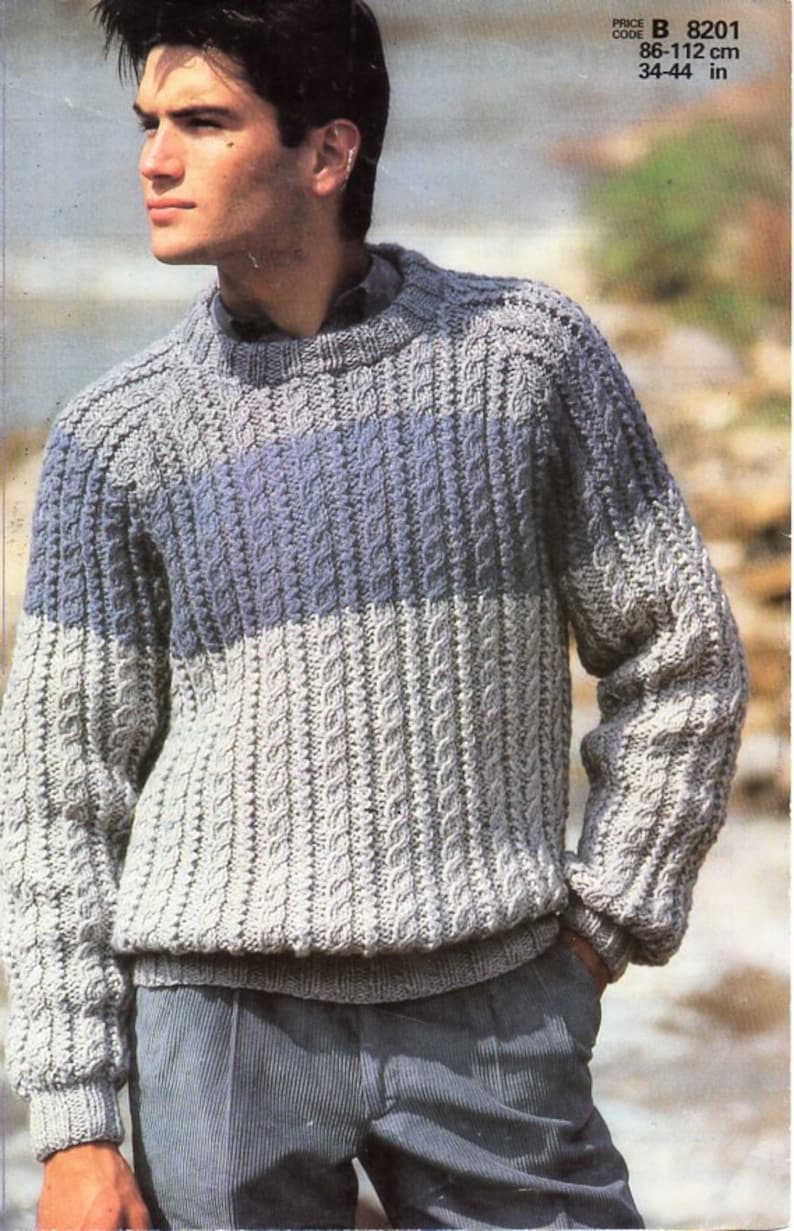 Mens cable sweater knitting pattern pdf mens chunky crew neck | Etsy