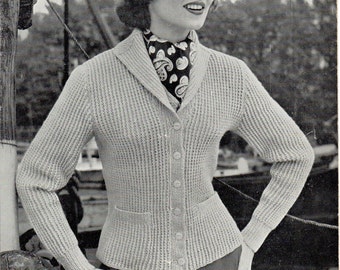 Vintage Ribbed Cardigan Knitting Pattern, Ladies Shawl Collar Jacket (PDF Download)