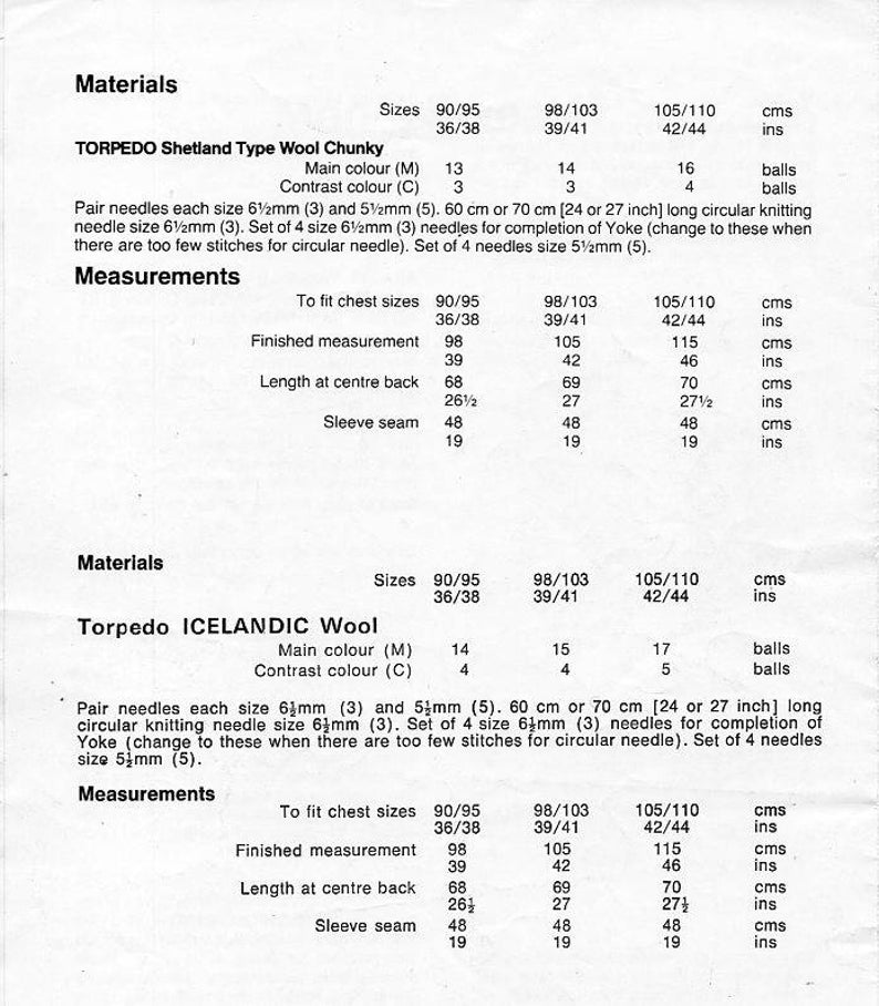 May include: Knitting pattern instructions for a Torpedo Shetland Type Wool Chunky sweater. The pattern includes sizes for 90/95 cm (36/38 inches), 98/103 cm (39/41 inches), and 105/110 cm (42/44 inches). The pattern also includes the amount of yarn needed for each size in balls.