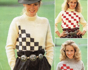 womens sweater knitting pattern pdf ladies checkerboard jumper 28-40 inches DK light worsted 8ply PDF instant download