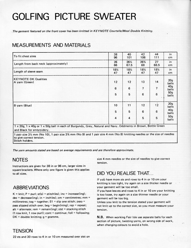 vintage mens golf sweater knitting pattern pdf mens golfing motif jumper 38-44 DK light worsted 8ply pdf instant download