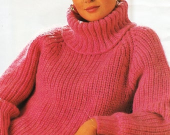 womens chunky polo neck sweater knitting pattern PDF womens fishermans rib jumper cowl neck 28-38" chunky bulky 12ply PDF instant Download