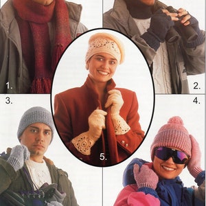 May include: A collection of five winter accessories, including hats, scarves, and gloves, in various colors and styles. The accessories are shown on models wearing winter clothing.