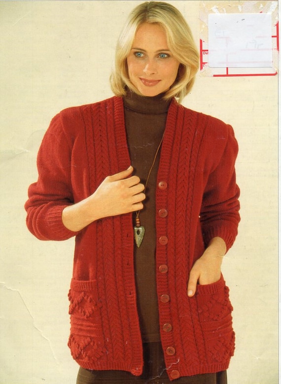 womens cardigan knitting pattern pdf ladies jacket v neck pockets larger  sizes 32-50