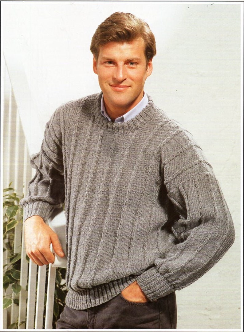 Mens Sweater Knitting Pattern Pdf Mans Crew Neck Rib Jumper Etsy UK