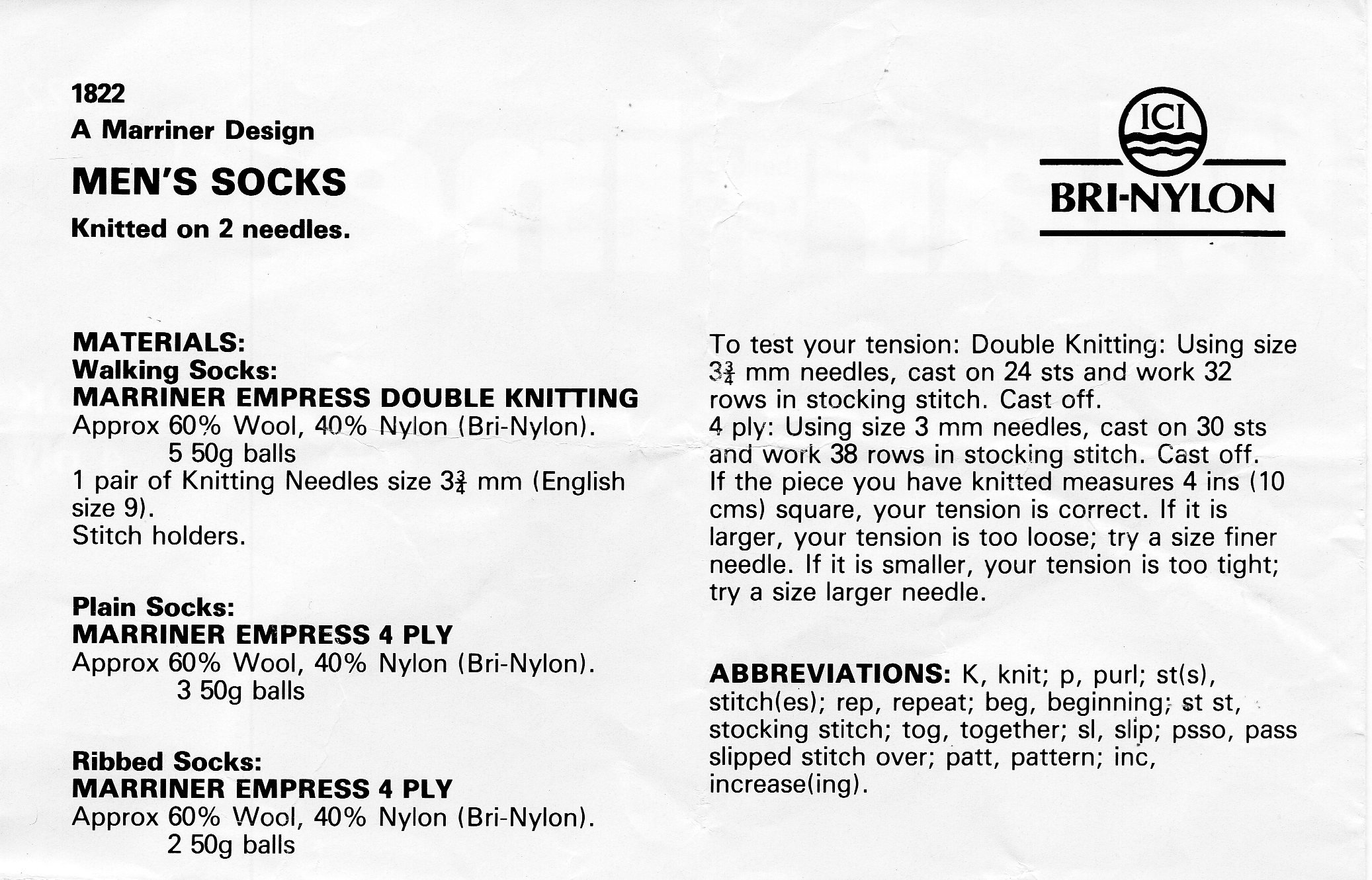 Vintage Mens Socks Knitting Pattern Pdf 2 Needle Socks DK Light Worsted ...
