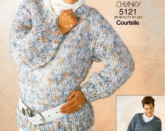 vintage womens sweater KNITTING PATTERN pdf ladies chunky jumper round neck v neck 28-36" chunky bulky 12ply pdf instant download
