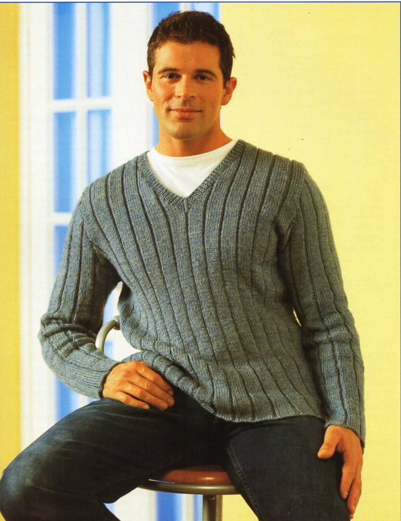 Mens Sweater Knitting Pattern Pdf Mens V Neck Ribbed Jumper Etsy UK