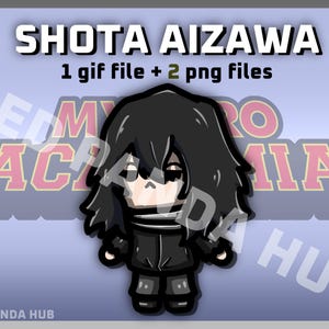 May include: A digital graphic featuring Shota Aizawa from My Hero Academia. The image shows a cartoon-style character with black hair and a black outfit. Text includes "SHOTA AIZAWA" and "1 gif file + 2 png files". The background is a gradient of blue and purple.