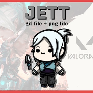 May include: A cartoon illustration of Jett from the video game Valorant. Jett is a female character with white hair and blue eyes. She is holding a knife in her right hand. The image is in a chibi style and has a white background with the text "VALORANT" in gray letters.