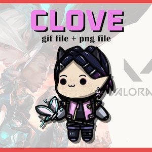 Puede incluir: Una ilustración de dibujos animados de un personaje del videojuego Valorant, llamado "Clove". El personaje es una ilustración de estilo chibi con un atuendo rosa y morado, sosteniendo una mariposa. La imagen incluye el texto "Clove" y "gif file + png file".