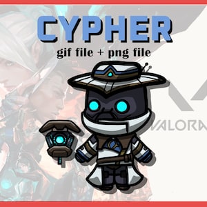 May include: A cartoon illustration of Cypher, a character from the video game Valorant, wearing a white hat and a white coat. He is holding a small, round device in his left hand. The text "CYPHER" is written in blue letters above the character, and the text "gif file + png file" is written in black letters below the character. The text "VALORANT" is written in white letters on a black background in the upper right corner of the image.