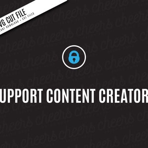 May include: Black background with the text "SUPPORT CONTENT CREATORS" in white. The background is covered with the word "cheers" written in white multiple times. A blue padlock icon is in the upper center of the image.